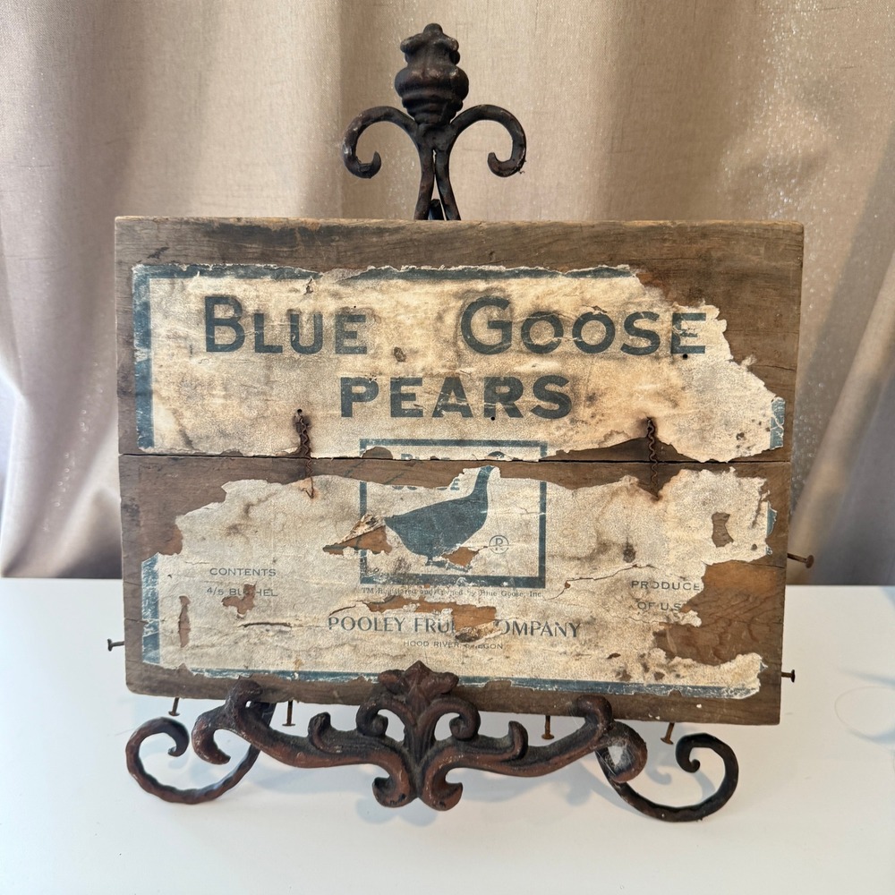 Vintage Blue Goose Pears Fruit Crate Label Rustic Wood Sign Pooley Fruit Company